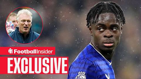Everton's Tyrique George in action turning around and looking at manager David Moyes celebrating at him left inset