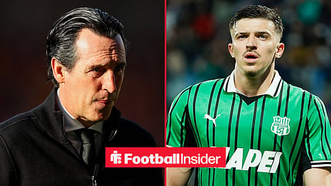Unai Emery on left in jacket with Tarik Muharemovic playing for Sassuolo on right