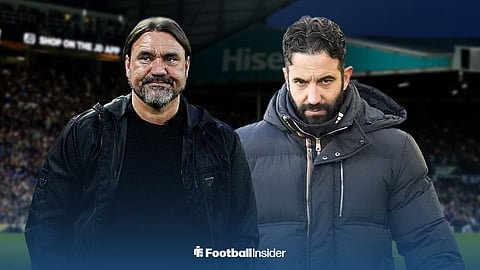Daniel Farke and Ruben Amorim standing side-by-side with the Elland Road stands behind them.