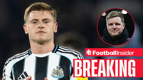 Harvey Barnes in action for Newcastle, with Eddie Howe in a circular inset