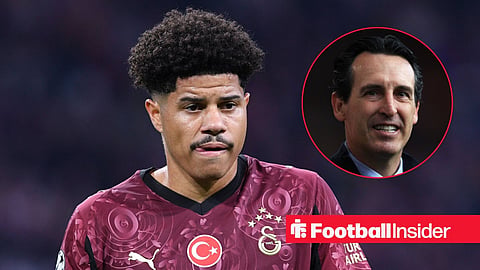 Gabriel Sara in action for Galatasaray alongside a circular inset of Aston Villa manager Unai Emery