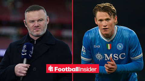 Wayne Rooney with a microphone in his hand working for a broadcaster, alongside Scott McTominay in action for Napoli.