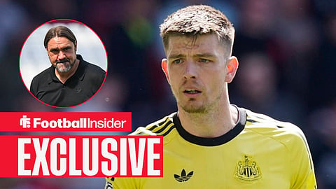 Football Insider exclusive as Newcastle goalkeeper Nick Pope stares towards Leeds manager Daniel Farke, who watches from a circular inset.