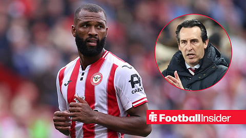 Igor Thiago in action for Brentford alongside a circular inset of Aston Villa manager Unai Emery