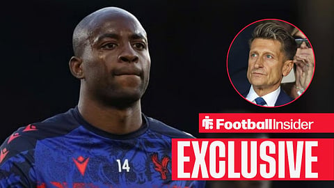 Jean-Philippe Mateta looks focused during a warm-up, with Steve Parish in a circular inset