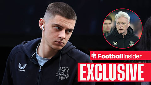 Football Insider exclusive as Everton defender Vitaliy Mykolenko arrives at a game, while manager David Moyes looks concerned in a circular inset.