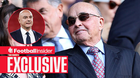 Football Insider exclusive as Tottenham owner Joe Lewis stares towards former chairman Daniel Levy, who watches from a circular inset.