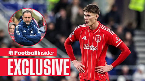 Football Insider exclusive as Nottingham Forest defender Nicolo Savona has his hands on his hips during a game, while manager Vitor Pereira looks stern in a circular inset.