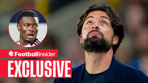 Russell Martin looks up in despair with Leicester City winger Abdul Fatawu inset
