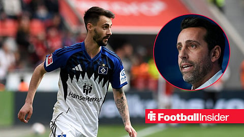 Arsenal midfielder Fabio Vieira on loan playing for Hamburg, alongside a circular inset of Edu starring into the distance.