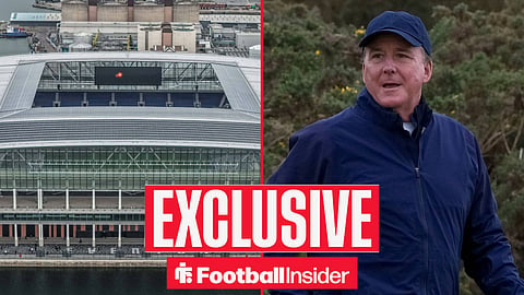 Football Insider exclusive as Everton owner Dan Friedkin stares across a split image towards the Hill Dickinson Stadium.