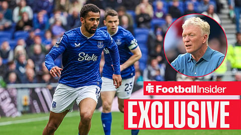 Football Insider exclusive as Everton winger Iliman Ndiaye is in action during a game, while manager David Moyes looks worried in a circular inset.