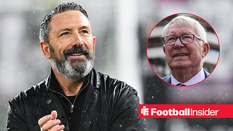 Hearts manager Derek McInnes clapping looking upwards in a coat with ex-Man United boss Sir Alex Ferguson looking up in a suit right inset
