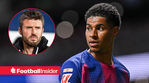 Marcus Rashford in action for Barcelona, with Michael Carrick in a circular inset
