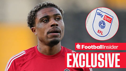 Football Insider exclusive as ex-Salford City midfielder Ossama Ashley warms up for a game, while the EFL logo features in a circular inset.