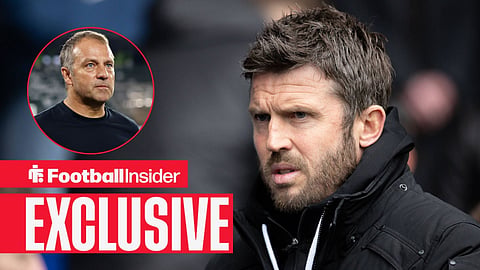 Football Insider exclusive as Manchester United manager Michael Carrick looks concerned, while Barcelona boss Hansi Flick watches from a circular inset.