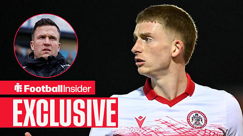 Football Insider exclusive as Accrington defender Devon Matthews stares towards Wigan manager Gary Caldwell, who watches from a circular inset.