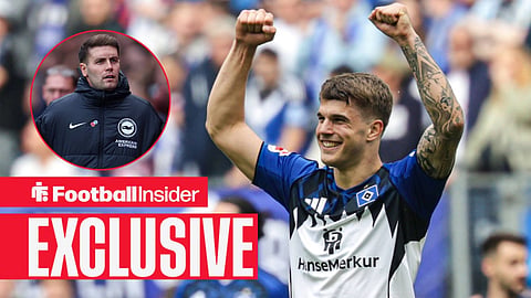Football Insider exclusive as Tottenham defender Luka Vuskovic punches the air after a game for Hamburg, while Brighton manager Fabian Hurzeler watches from a circular inset.