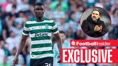 Football Insider exclusive as Ousmane Diomande is in action for Sporting CP, while Leeds manager Daniel Farke applauds in a circular inset.