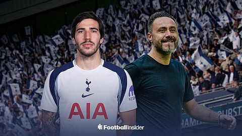 Sandro Tonali in a Tottenham Hotspur kit, next to a smiling Roberto De Zerbi, at the Tottenham Hotspur Stadium.