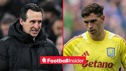 Unai Emery grimacing on the sidelines at Aston Villa, with Emiliano Martinez hanging his head