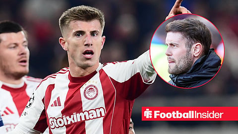 Olympiacos defender Costinha celebrates a goal alongside a circular inset of Brighton manager Fabian Hurzeler.
