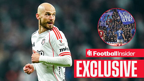 Football Insider exclusive as Besiktas winger Vaclav Cerny stares over his shoulder towards the Rangers fans, who feature in a circular inset.