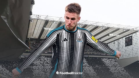 Celta Vigo full-back Oscar Mingueza featuring in a Newcastle United kit at St James' Park.