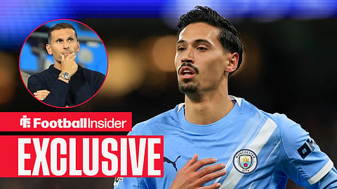 Football Insider exclusive as Man City midfielder Tijjani Reijnders is in action during a game, while chairman Khaldoon Al Mubarak watches from a circular inset.