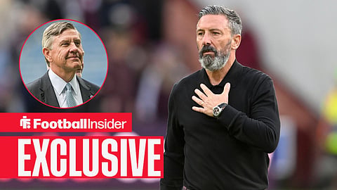 Football Insider exclusive as Hearts manager Derek McInnes has his hand on his chest after a game, while Rangers chairman Andrew Cavenagh watches from a circular inset.