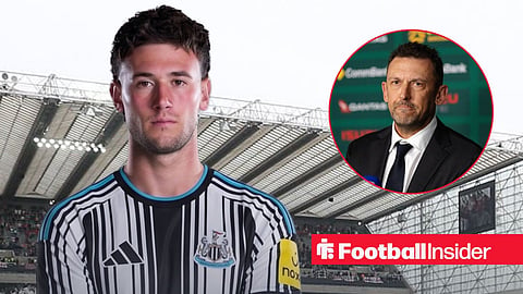 Alessandro Circati in a Newcastle shirt with arms folded at St James' Park and Australia manager Tony Popovic in a press conference with mouth closed right inset