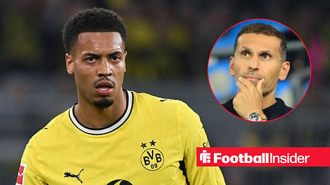 Felix Nmecha in action for Borussia Dortmund, with Khaldoon Al Mubarak in a circular inset