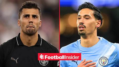 Split image Manchester City midfielder Rodri staring away before kick-off and Tijjani Reijnders running on the pitch in a game for Manchester City