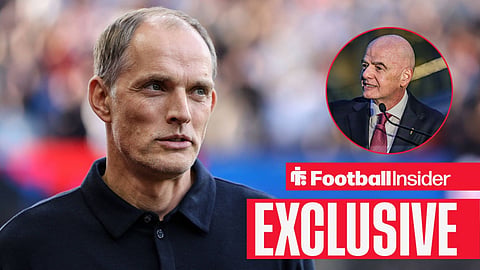 Football Insider exclusive as England manager Thomas Tuchel stares towards FIFA president Gianni Infantino, who speaks in a circular inset.