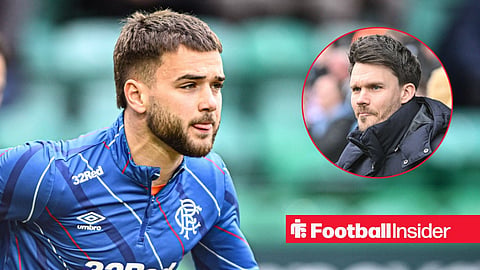 Nico Raskin warming up before a game for Rangers with former manager Danny Rohl in a suit on sidelines right inset