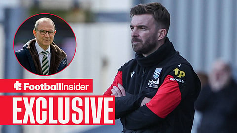Football Insider exclusive as West Brom manager James Morrison stands with his arms folded, while Celtic boss Martin O'Neill watches from a circular inset.