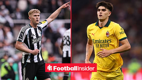 Lewis Hall pointing during a Premier League match for Newcastle, alongside Davide Bartesaghi in action for AC Milan 
