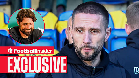 Football Insider exclusive as ex-Barnsley manager Conor Hourihane stares towards Leicester boss Russell Martin, who smiles in a circular inset.