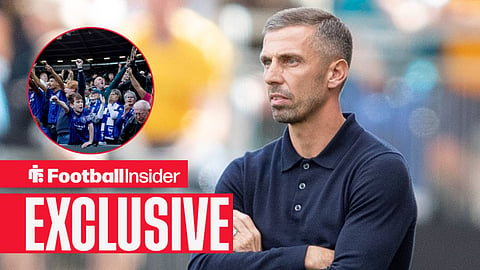 Football Insider exclusive as Gary O'Neil stands with his arms folded, while Ipswich Town fans celebrate in a circular inset.