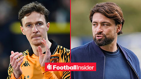Split image of Kieran Dowell clapping the supporters after a Hull City game and new Leicester City manager Russell Martin ahead of kickoff before game of former side Rangers