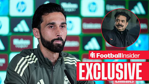 Football Insider exclusive as former Real Madrid manager Alvaro Arbeloa sits in a press conference, while Fulham owner Shahid Khan watches from a circular inset.