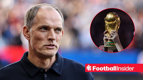 England manager Thomas Tuchel with the World Cup trophy inset