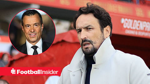 Cesar Peixoto looks focused on the sidelines, with Jorge Mendes in a circular inset