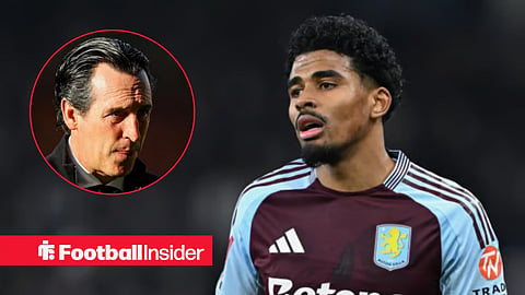 Ian Maatsen in action for Aston Villa, with Unai Emery in a circular inset