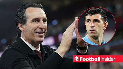 Unai Emery smiling and applauding at Aston Villa, with Emiliano Martinez in a circular inset