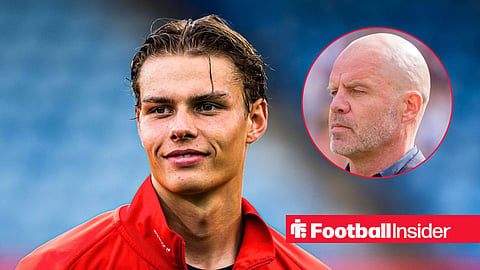Jens Hjerto-Dahl smiling ahead of kickoff in a Under-21 Euro game for Norway as main image with Rangers chief Stig Inge Bjornebye's face in circular inset on the right
