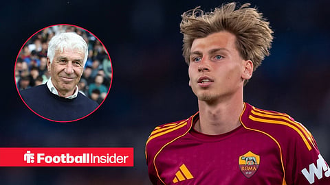 Jan Ziolkowski in action for Roma looking at manager Gian Piero Gasperini smiling on sidelines left inset