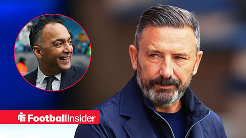 Derek McInnes looking focused on the sidelines, with Paraag Marathe smiling in a circular inset