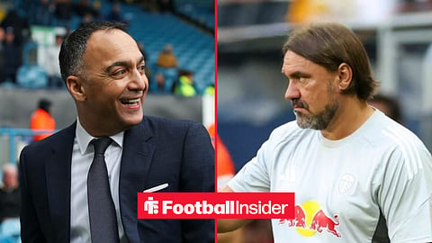 Paraag Marathe smiling at Elland Road, while Daniel Farke looks focused on the sidelines