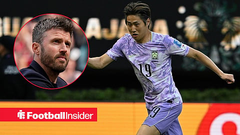 PSG winger Lee Kang-In in action for South Korea at the World Cup, alongside a circular inset of Manchester United manager Michael Carrick looking neutral.